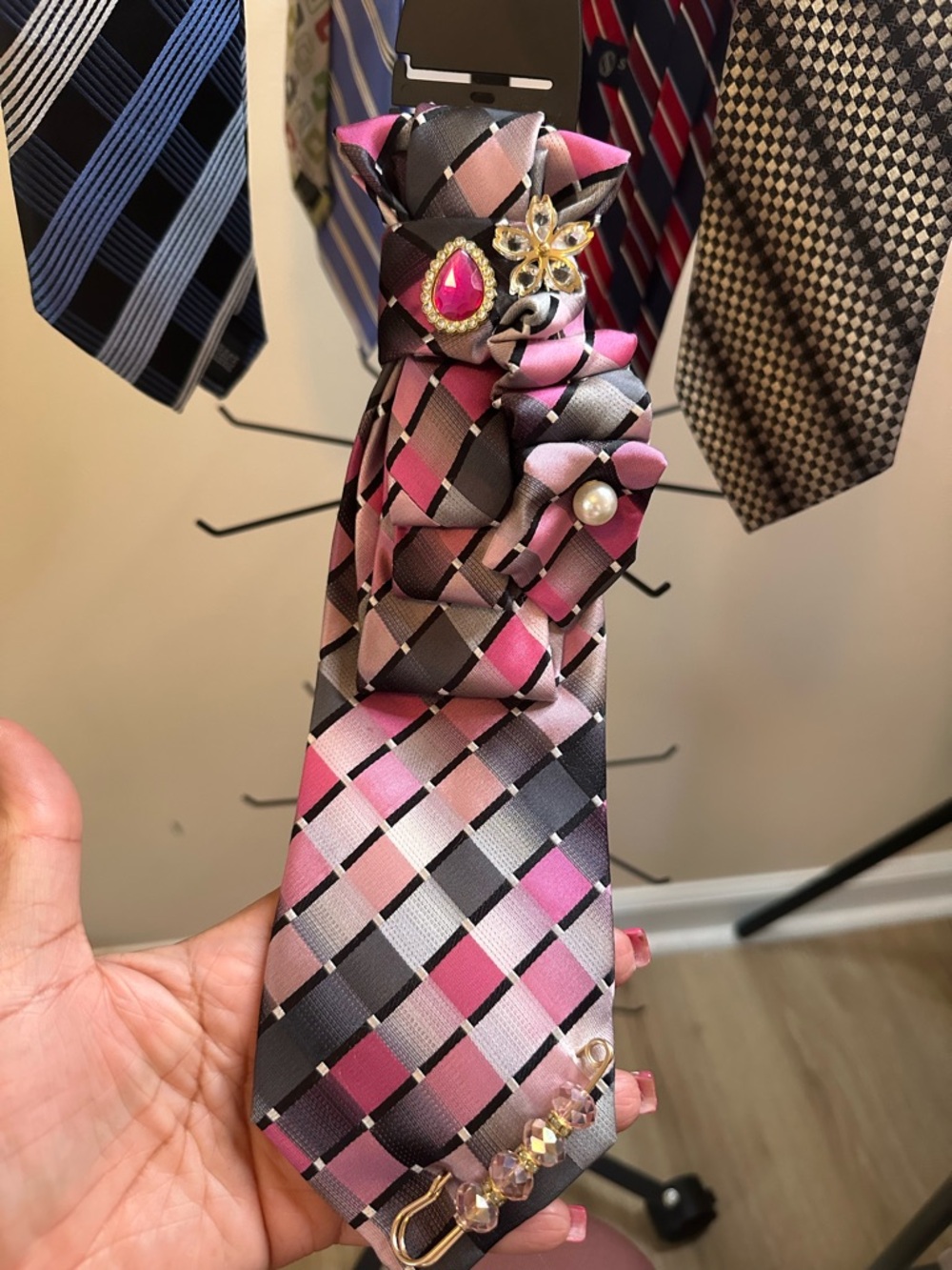 Pink Plaid Satin Neck Tie with Decorative Brooches - Women Accessories